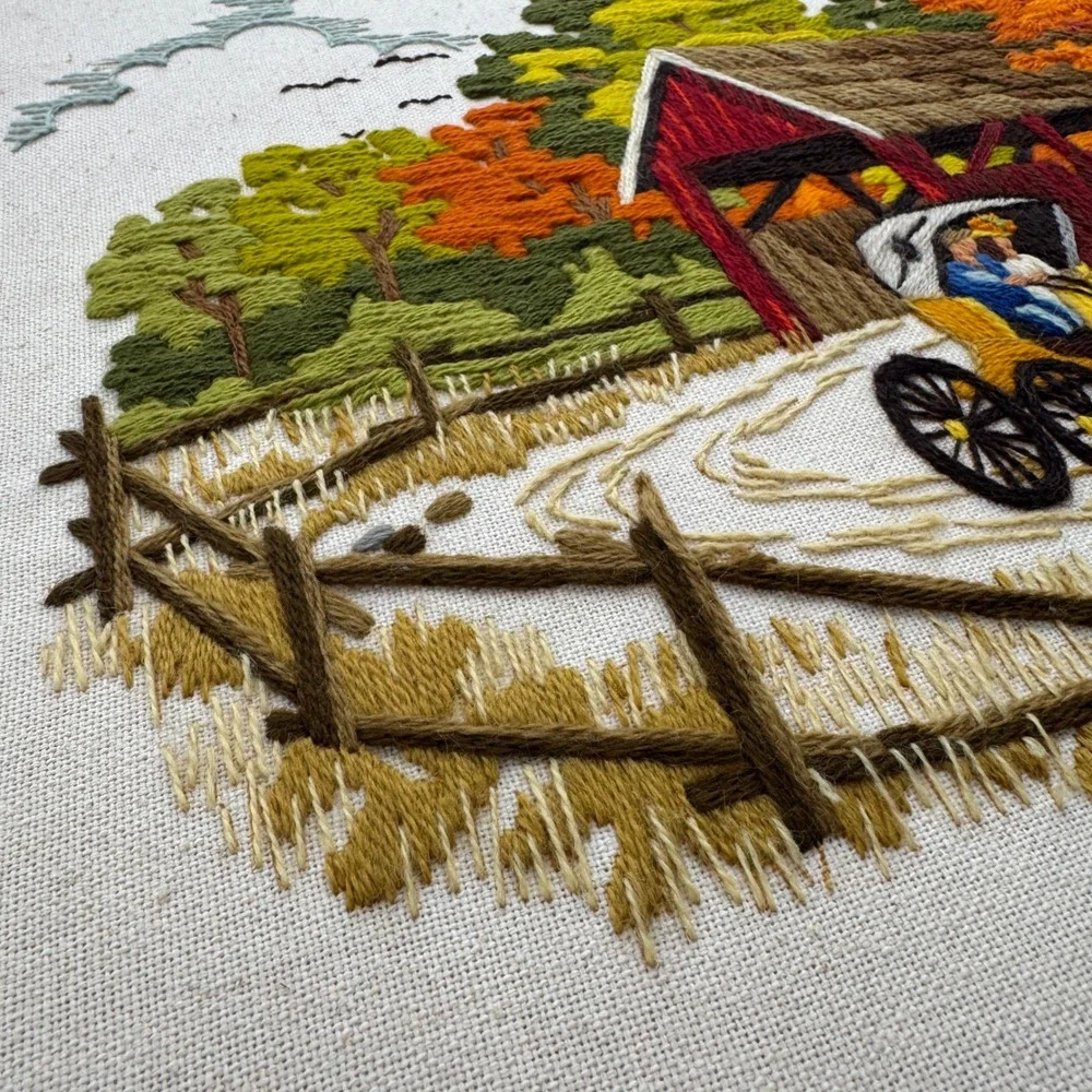Vintage Sunset Designs Crewel Embroidery 16x20 Fall Trees Covered Bridge Haitian